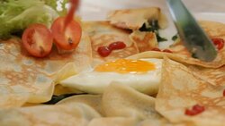eating spinach pie with sauce close up Stock Footage
