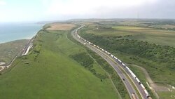 Aerials of a lorry queue on the M20 outside Dover News Clip