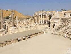 WS PAN HA View of ancient amphitheater at archeological site / Beit Shean, Beit Shean Valley, Israel Stock Footage