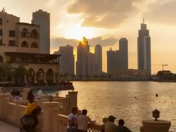 Time Lapse of Burj Khalifa Lake shore at sunset Stock Footage