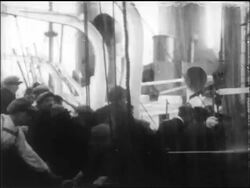 B/W 1915 passengers mobbing deck of Lusitania to get in lifeboats after being torpedoed / newsreel Stock Footage