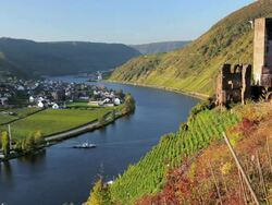 HA Castle Metternich resting on hill above valley town and river / Beilstein, Rhineland-Palatinate, Germany Stock Footage