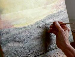 MS PAN Man working on canvas / Hudson, New York, United States Stock Footage