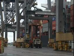 Crane vehicle, Container Terminal, Southampton, UK Stock Footage