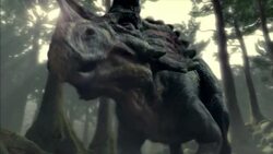 A Quetzalcoatlus lands in a forest where a Triceratops roars. Stock Footage