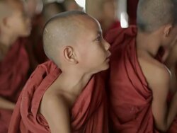 MS Shot of young monk students reciting something in class / Bagan, Mandalay Division, Myanmar Stock Footage