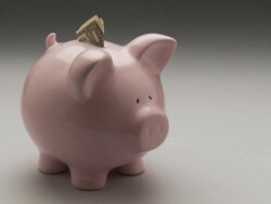MS, PAN, Studio shot of pink piggy bank with one dollar bill Stock Footage