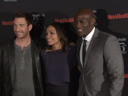Dylan McDermott, Rosario Dawson and Adewale Akinnuoye-Agbaje at Men's Health Celebrates 25th Anniversary Stock Footage