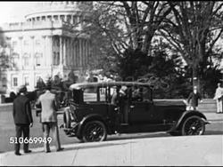 1921: PRESIDENTIAL CABINET: Secretary of the Treasury Andrew Mellon getting out of chauffeur driven car, shaking hands w/ man on sidewalk, CU Andrew Mellon (1855-1937). Instructional Video