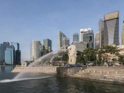 WS T/L Skyline with Merlion statue / Singapore Stock Footage
