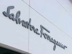 CU, Salvatore Ferragamo sign on building exterior, New York City, New York, USA Stock Footage