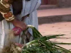 Woman buying fresh vegetables from street trader, money passing hands, Copacabana, Bolivia Stock Footage