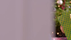 Girl shows off present to camera as brother inspects his gift beneath Christmas tree (dolly-shot) Stock Footage