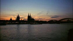 Cologne Cathedral overlooks the Rhine River in Cologne, Germany. Stock Footage