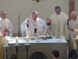 MS Shot of catholic mass at curch St. Marien Saarburg-Beurig, with cardinal Meisner, Cologne / Saarburg, Rhineland Palatinate, Germany Stock Footage