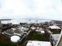 Superwide view from inside the elevator going up on the Space Needle. Stock Footage