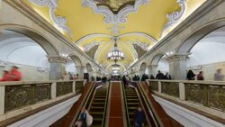 Spectacular vaulted ceiling and chandeliers in Moscow's Komsomolskaya metro station, Russia - Time lapse Stock Footage