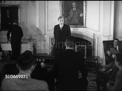 1951: HARVARD UNIVERSITY: WS Unidentified building on Harvard Yard, WS President James B. Conant standing in front of fireplace talking to students, SOT saying Houses are vital core, diverse interests, different backgrounds living together.... Instructional Video