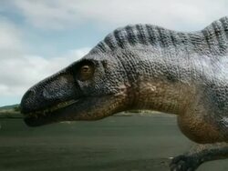 Medium Long Shot tracking-left zoom-in - A reenactment shows a dinosaur hunting along a lake's shore. / Dallas, Texas, USA Stock Footage