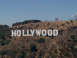 Aerial TS fast towards Hollywood Sign / Hollywood Hills, California, United States Stock Footage