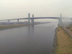 View of Gyeyangdaegyo Bridge and park at Gyeongin Ara Waterway Stock Footage