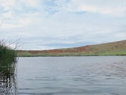 WS View lake and mountain / Rapa Nui National Park, Easter Island, Chile  Stock Footage