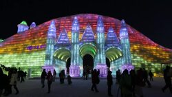 Spectacular illuminated ice sculptures at the Harbin Ice and Snow Festival in Heilongjiang Province, Harbin,  China Stock Footage