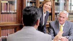 Lawyers talking in office Stock Footage