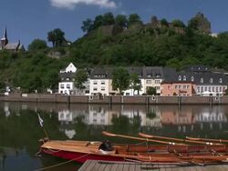 WS PAN View of old town and castle ruin near river Saar / Saaburg, Saar-Valley, Rhineland Palatinate, Germany Stock Footage