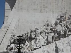 Lisbon, Monument of the Discoveries (Padrao dos Descobrimentos), view of the western profile of the monument along the Tagus river, Belem Stock Footage