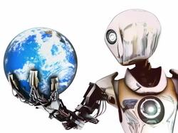 Cyborg robot hold planet Earth in its hand Stock Footage