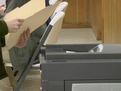 CU, PAN, TD, Young  man inserting voting ballots into ballot box, New Knoxville, Ohio, USA Stock Footage