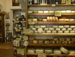 MS Shot of Pecorino cheese in delicacy shop / Pienza, Tuscany, Italy Stock Footage