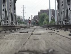 MS Two young girls running and exercising together on railway track / Minneapolis, Minnesota, United States Stock Footage