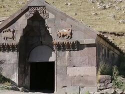 Selim Caravanserai, reliefs of a bull and winged animal above the front entry to the building Stock Footage