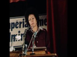 SYND 6 5 77 BLACK AMERICAN MILITANT ANGELA DAVIS SPEAKS AT RALLY News Clip