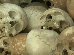 Zoom In Shot Skull in Killing Fields Phnom Penh Cambodia Stock Footage