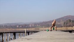 Doing exercise with kettle Stock Footage