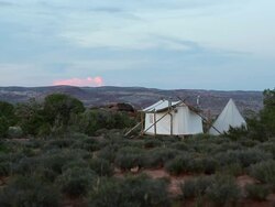 WS View of canvas tents at the bottom of the mountains / Monument Valley, Utah, United States  Stock Footage