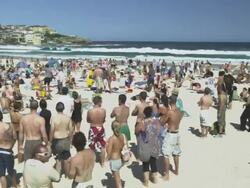 Sun Seekers at Bondi Beach, Sydney, New South Wales, Australia Stock Footage