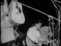 A Japanese rockabilly band performs on stage. News Clip