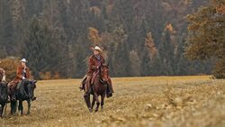 Three herdsmen riding horses in meadow Stock Footage