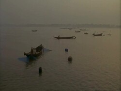 WA High angle view across water with many fishing boats, Sunderbans, India Stock Footage