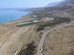 WS AERIAL ZI View of mountain near dead sea shore / Ein Gedi, Judea Desert, Israel Stock Footage