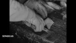1936: FISHING INDUSTRY: Fish in conveyor trough. Male hand filleting fish, pushing away rest of body. Female hands boxing up fish filets, CU box ' (Redfish, Perch). Instructional Video