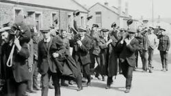 1921 MONTAGE British Army regulars welcoming the London Scottish reservists as they arrive at barracks / London, England Stock Footage