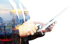 Double exposure business man working with a digital tablet. Stock Footage