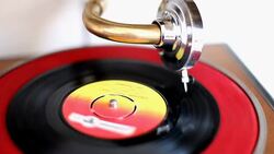 1950s Record Player Grammophone and Longplay Disc Stock Footage