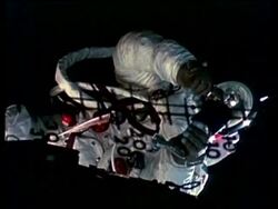 Astronaut Russell Schweickart outside lunar module, Apollo Saturn 9, EVA Stock Footage