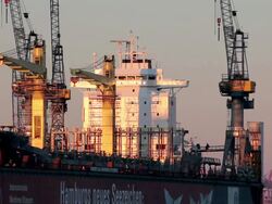 WS View of shipyardl in river Elbe / Hamburg, Hamburg, Germany Stock Footage